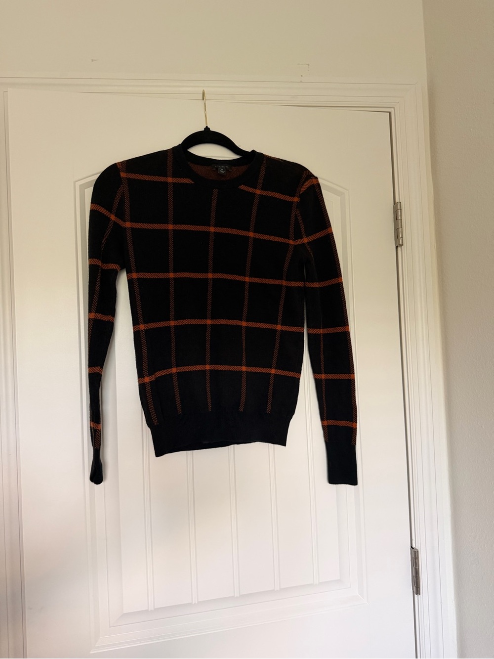 Ann Taylor Black Crewneck Sweater with Orange Windowpane Pattern